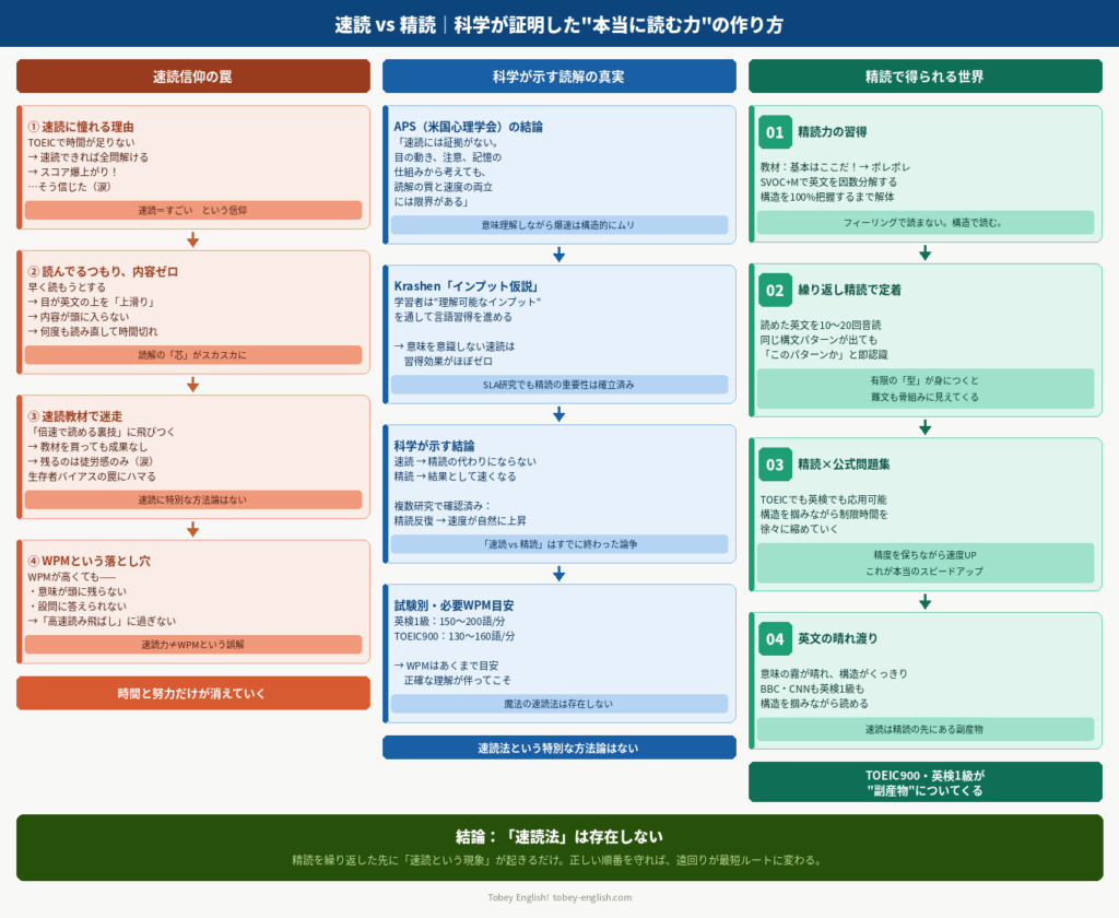 速読信仰の罠・科学的根拠・精読で得られる世界を3カラムで比較した読解力ロードマップ