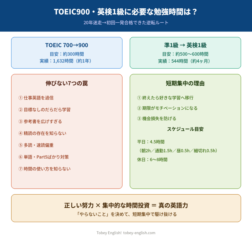 TOEIC900・英検1級に必要な勉強時間をまとめた図解。一般的な目安とトビーの実績比