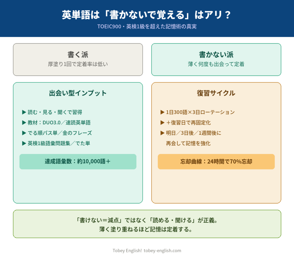 英単語を「書かない派」で覚える方法をまとめた図解。書く派と書かない派の比較、出会い型インプットの教材と達成語彙数、復習サイクルと忘却曲線の数値を示す