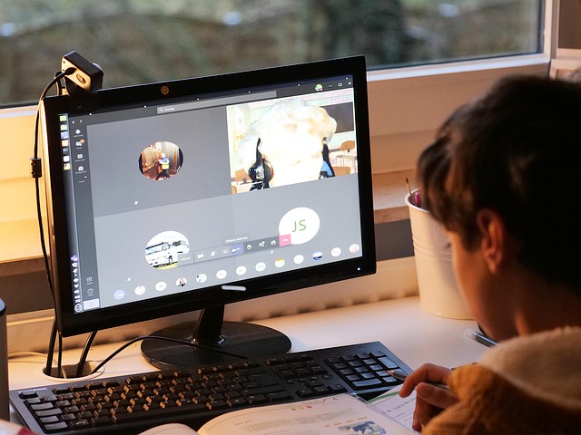 パソコン画面でオンライン学習をしている学生の後ろ姿。複数人のビデオ通話が映し出された画面と、デスク上の教材が映っている。