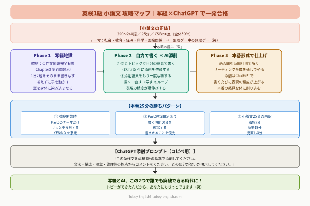 英検1級小論文の攻略フロー図|写経×ChatGPT添削で合格するトビー式3フェーズ戦略