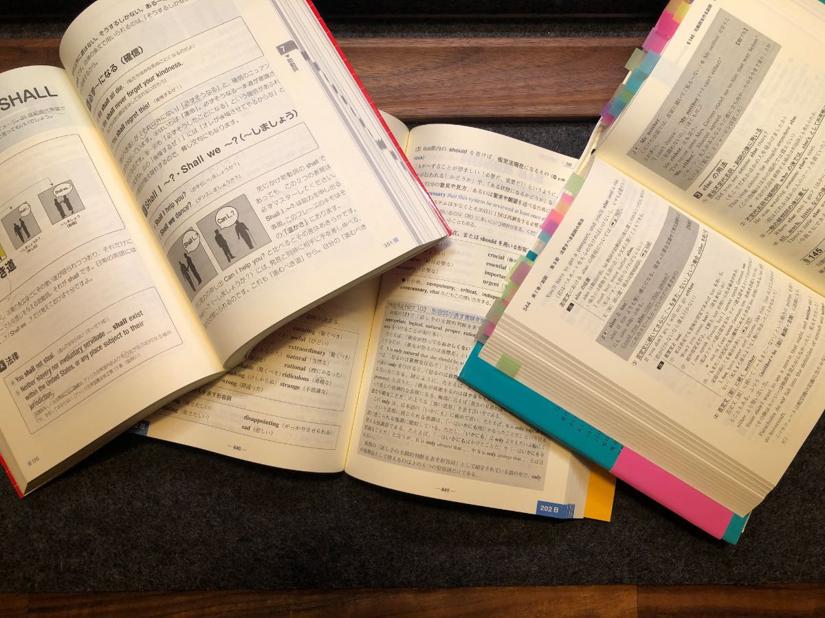 英語参考書を机に広げて勉強している様子。Evergreenやロイヤル英文法などの文法書が並んでいる。