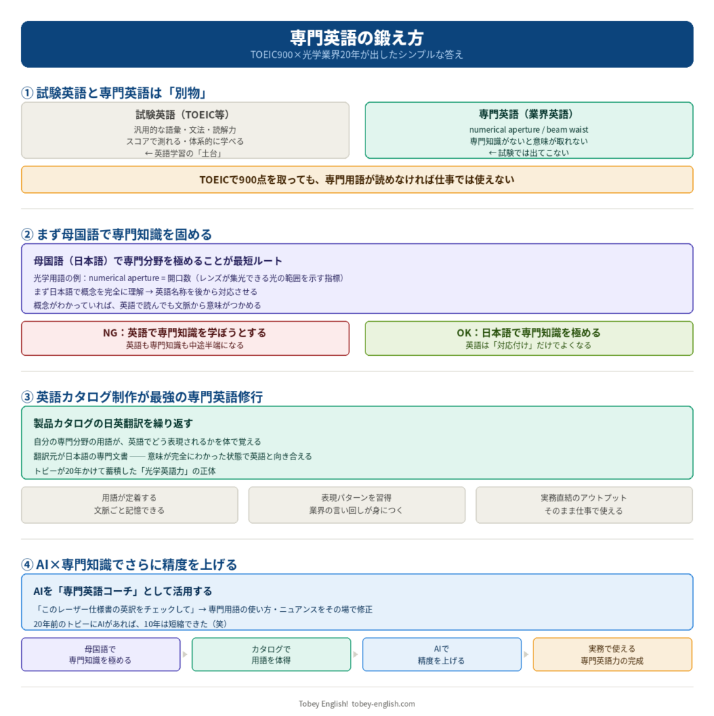 専門英語の鍛え方|試験英語との違い・母国語優先・カタログ修行・AI活用を図解