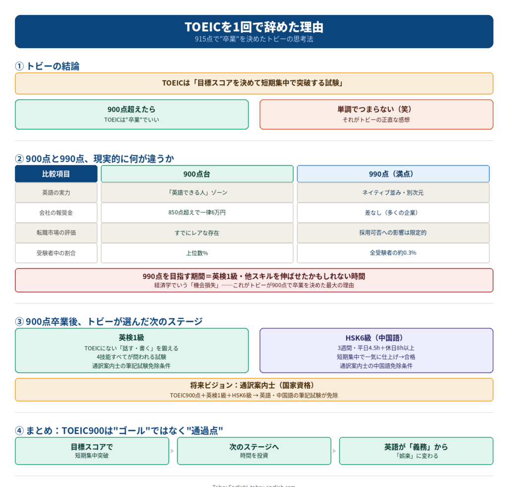 TOEICを1回で辞めた理由|900点と990点の比較・次のステージへの流れを図解