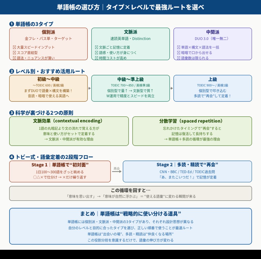 単語帳3タイプの比較・レベル別活用ルート・記憶科学・2段階フローをまとめた図解