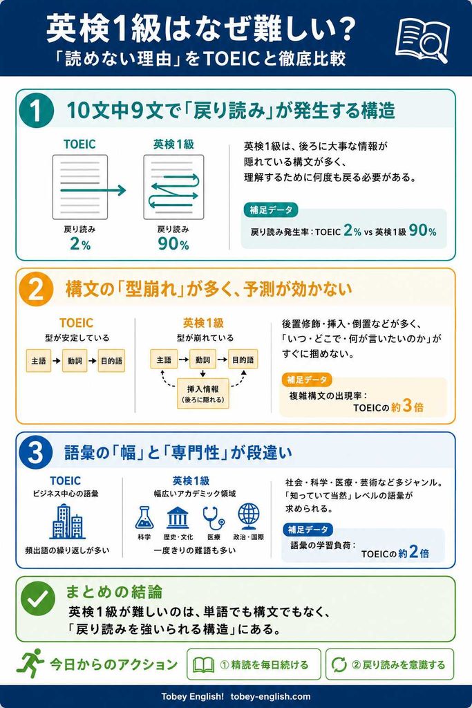 英検1級はなぜ難しい?TOEICとの比較インフォグラフィック|戻り読み発生率90%、構文の型崩れ、語彙の幅と専門性の3点を図解