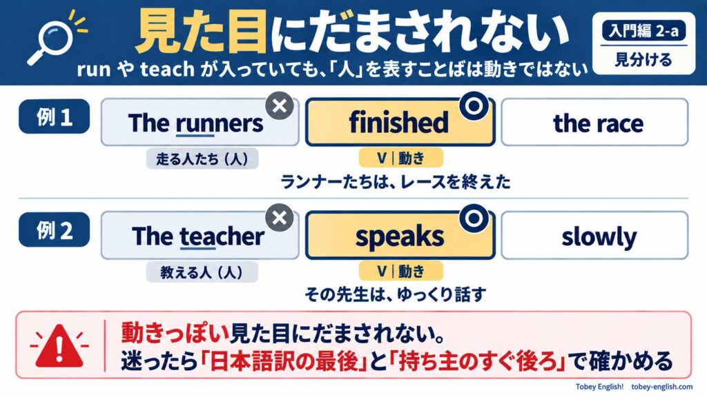 2つの英文を、それぞれ3つのボックスに分けて並べた対比図。例1は The runners finished the race.(ランナーたちは、レースを終えた)で、The runners はグレーのボックスに×印と「走る人たち(人)」のラベル、finished はアンバーのボックスに○印と「V|動き」のラベルが付いている。例2は The teacher speaks slowly.(その先生は、ゆっくり話す)で、The teacher は×印と「教える人(人)」、speaks は○印と「V|動き」。runners の run と teacher の teach には下線が引かれている。下部には「動きっぽい見た目にだまされない。迷ったら『日本語訳の最後』と『持ち主のすぐ後ろ』で確かめる」という注意書きがある。