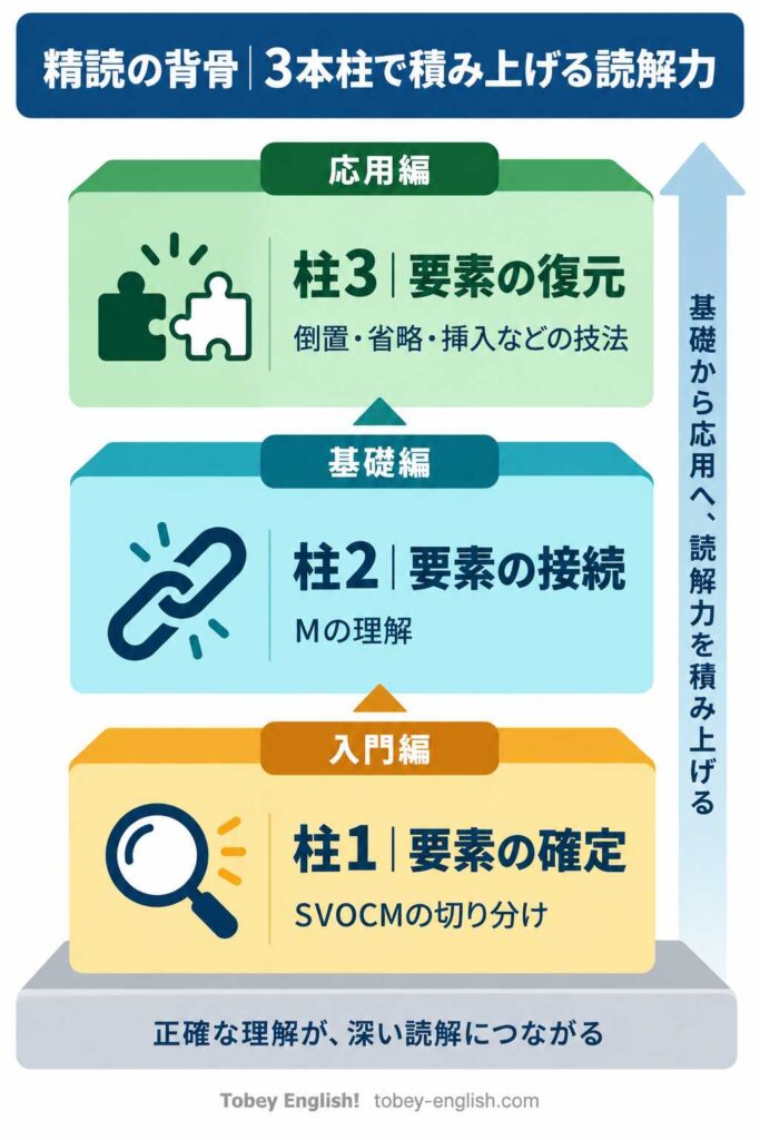 精読の3本柱(柱1|要素の確定=SVOCMの切り分け、柱2|要素の接続=Mの理解、柱3|要素の復元=倒置・省略・挿入などの技法)が、入門編・基礎編・応用編の順に積み上がっていく様子を表した図解