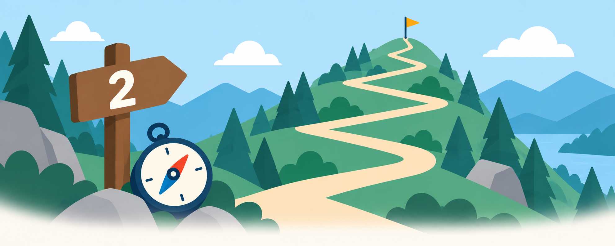 トビーメソッド基礎編:森を抜ける階段状の山道と道標「2」のイラスト、精読の3本柱を段階的に鍛える様子を表す