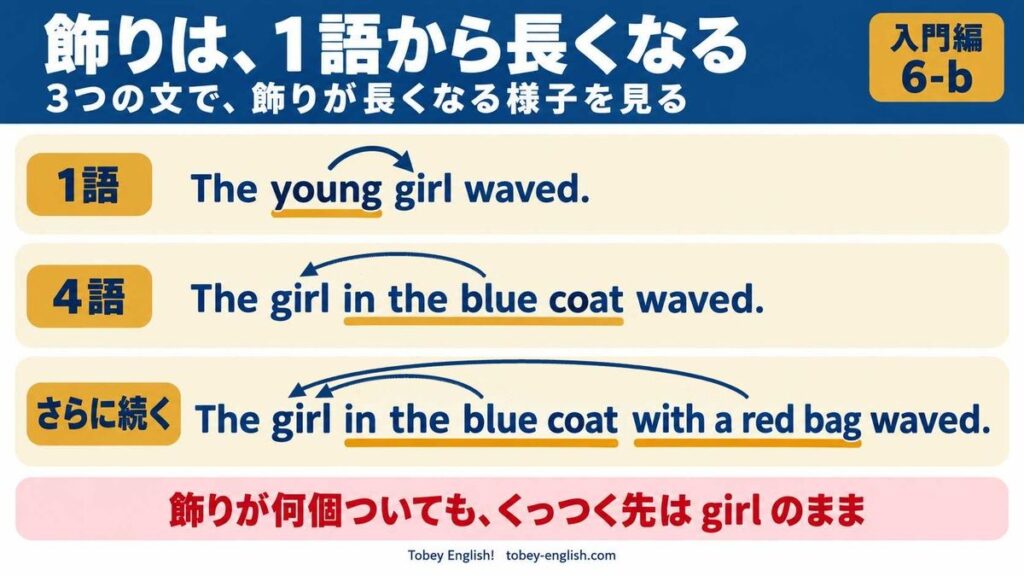 The young girl waved. など3つの英文で、飾りが1語から長くなっても、くっつく先は girl のままであることを、矢印で示した図